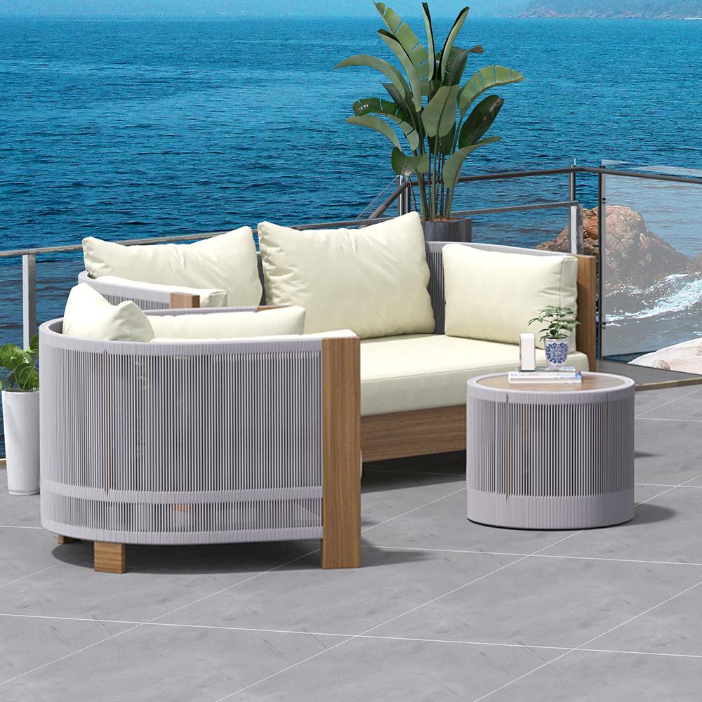 3Pcs Outdoor Sofa Set with Round Coffee Table & Woven Rope Chair in Natural & Gray