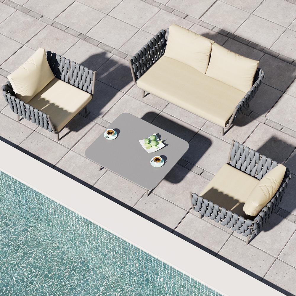 4 Pieces Outdoor Sectional Sofa Set with Webbing Seats and Cushions in Beige & Gray