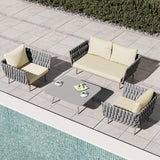 4 Pieces Outdoor Sectional Sofa Set with Webbing Seats and Cushions in Beige & Gray