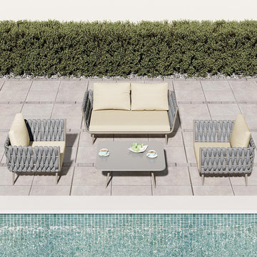 4 Pieces Outdoor Sectional Sofa Set with Webbing Seats and Cushions in Beige & Gray