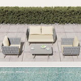 4 Pieces Outdoor Sectional Sofa Set with Webbing Seats and Cushions in Beige & Gray