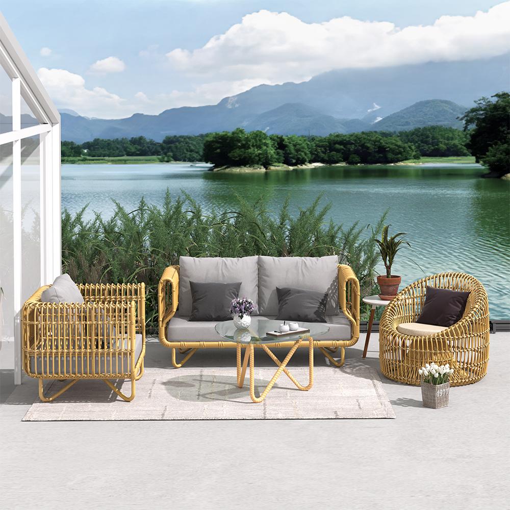 4 Pieces Rattan Outdoor Sofa Set with Glass Top Coffee Table and Cushions in Yellow