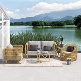4 Pieces Rattan Outdoor Sofa Set with Glass Top Coffee Table and Cushions in Yellow
