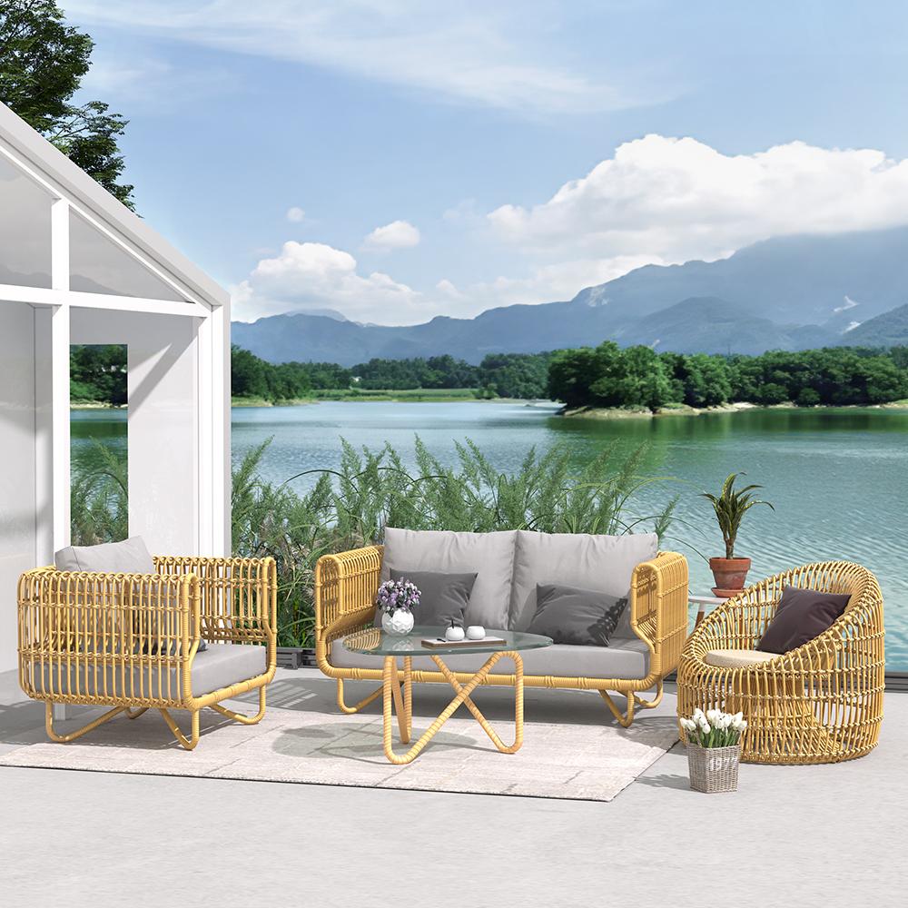 4 Pieces Rattan Outdoor Sofa Set with Glass Top Coffee Table and Cushions in Yellow