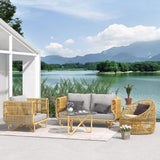 4 Pieces Rattan Outdoor Sofa Set with Glass Top Coffee Table and Cushions in Yellow