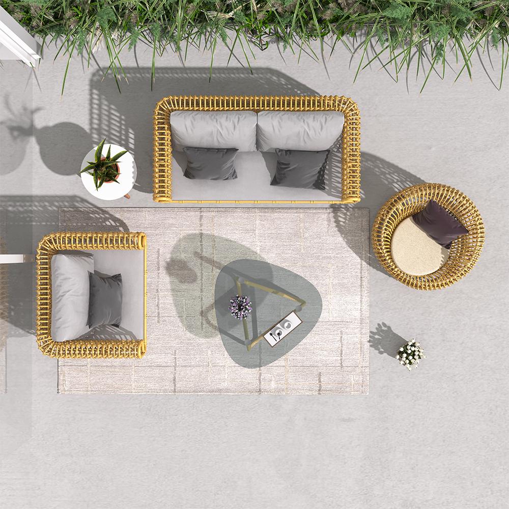 4 Pieces Rattan Outdoor Sofa Set with Glass Top Coffee Table and Cushions in Yellow