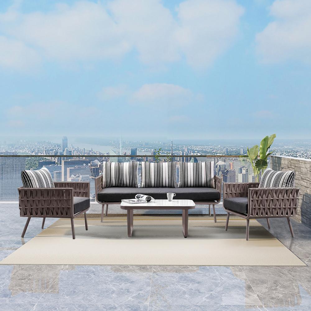 4 Pieces Rope Woven Outdoor Conversation Set with Aluminum Frame and Glass-top Table