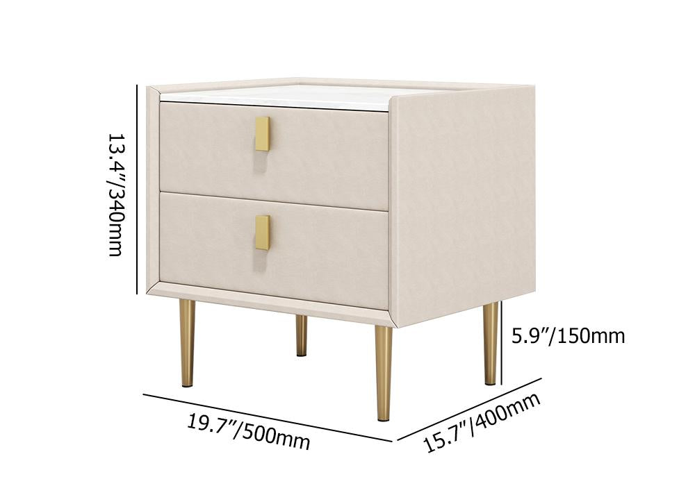 Modern 2 Drawers PU Leather Bedside Table Nightstand with Gold Metal Legs