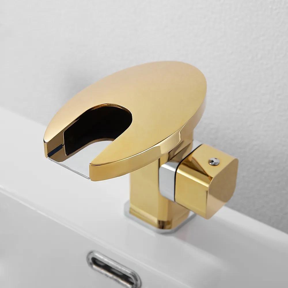 LED Single Handle Waterfall Bathroom Sink Faucet Round Spout Solid Brass in Black&Chrome