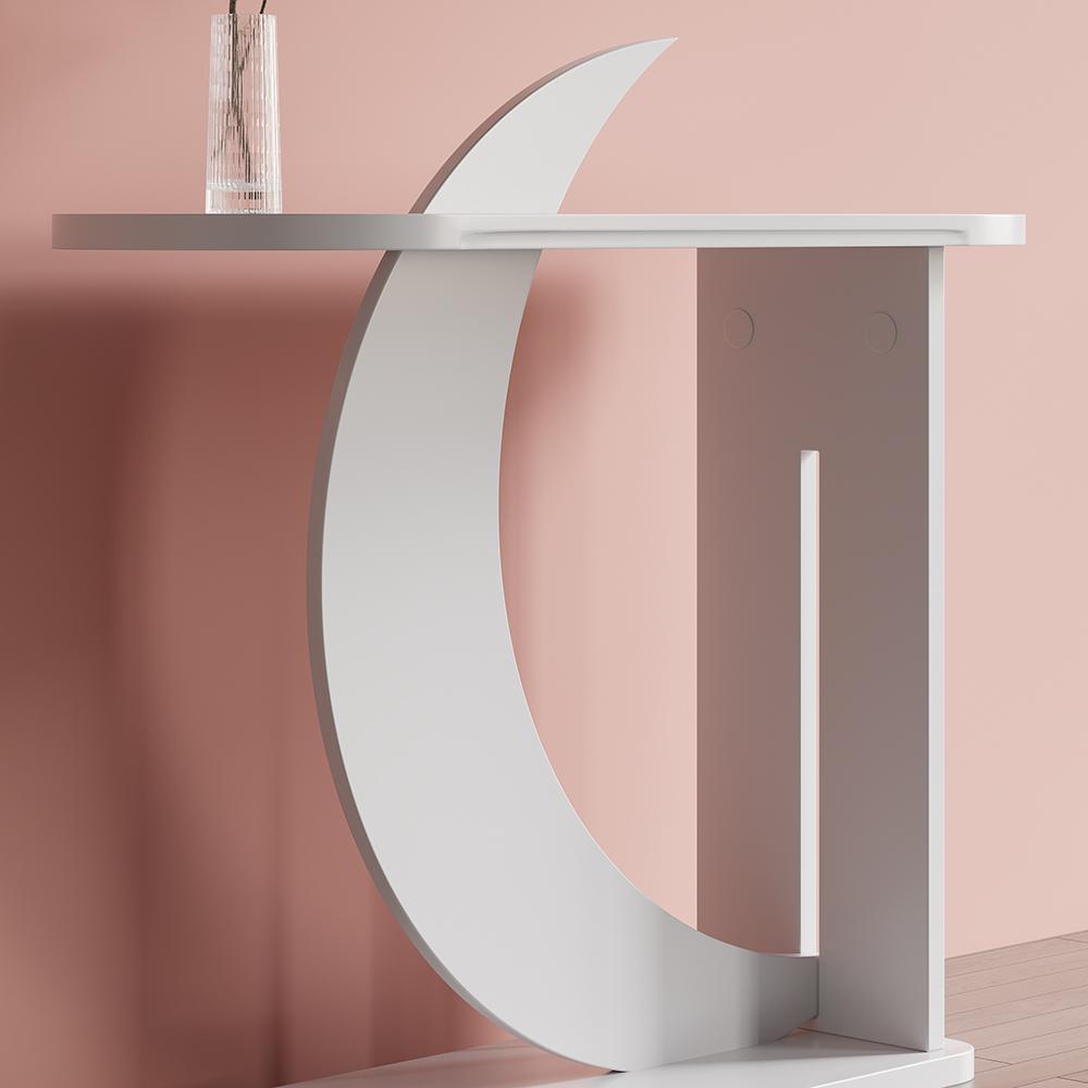 39.4" White Moon Shape Console Table Rectangular Wood Entryway Table with Abstract Base