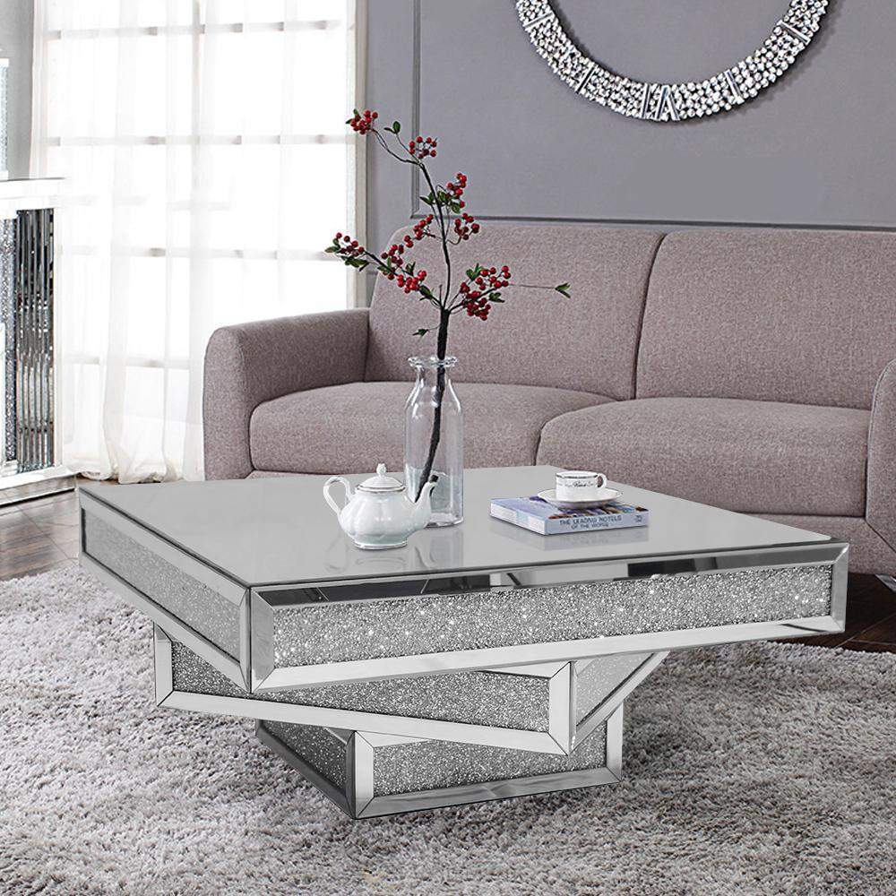 Modern Glam Mirrored Glass Coffee Table with Glitter Accents-Coffee Tables,Furniture,Living Room Furniture