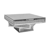 Modern Glam Mirrored Glass Coffee Table with Glitter Accents-Coffee Tables,Furniture,Living Room Furniture