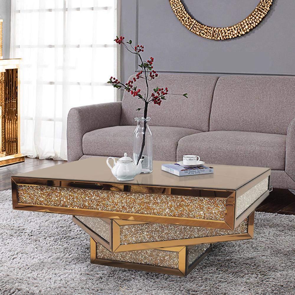 Modern Glam Mirrored Glass Coffee Table with Glitter Accents-Coffee Tables,Furniture,Living Room Furniture