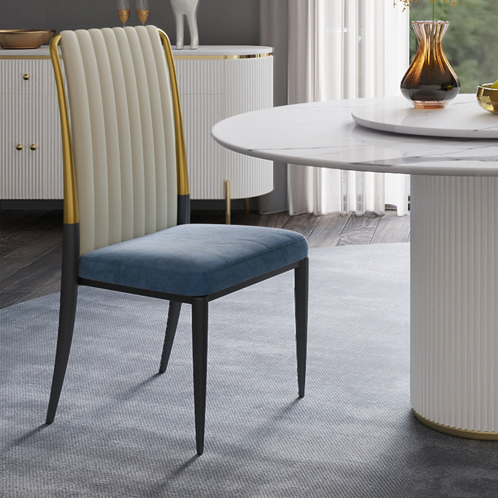 Modern White Leather & Blue Velvet Upholstered Dining Chair Side Chair