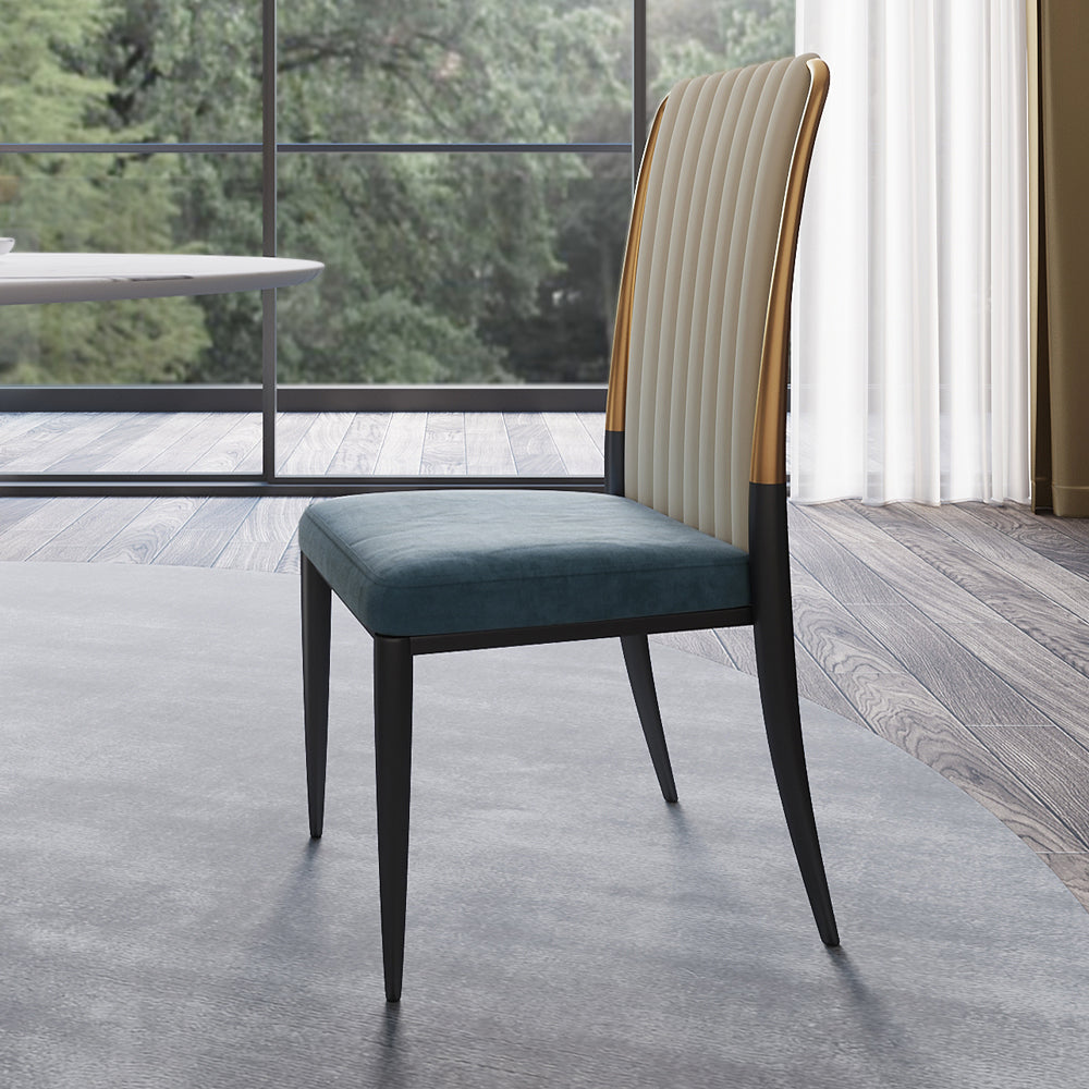 Modern White Leather & Blue Velvet Upholstered Dining Chair Side Chair