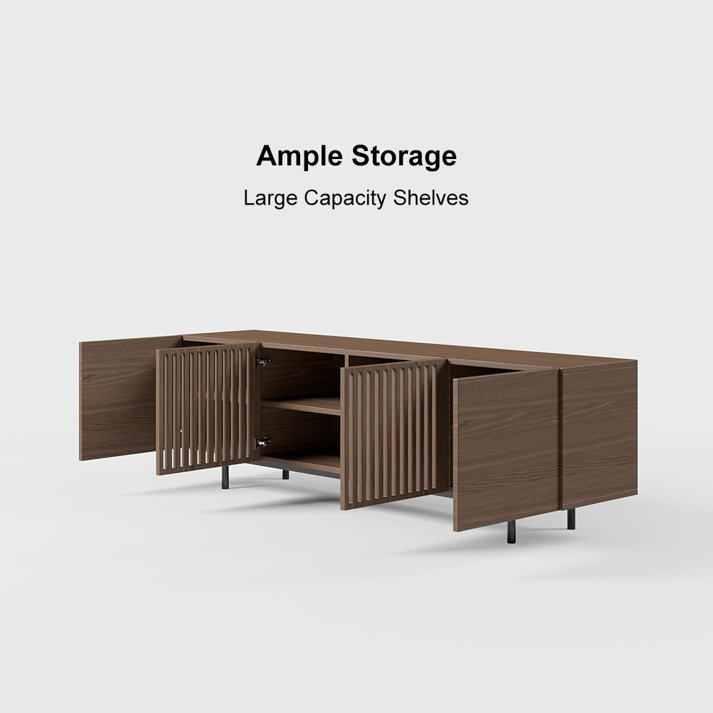 Minimalist Slatted Media Console Wood TV Stand in Walnut with Shelves for TVs Up to 80"