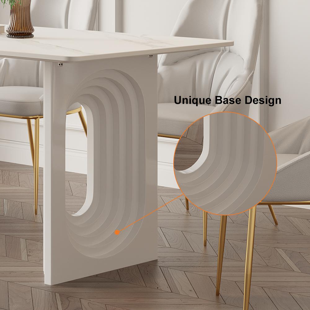 63" Modern Dining Table White Faux Marble Top for 6 Person Double Pedestal Base