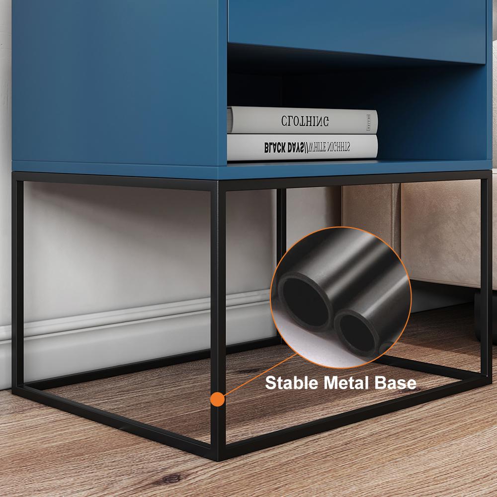 Blue Bedroom Nightstand with Drawer Bedside Table Metal Base