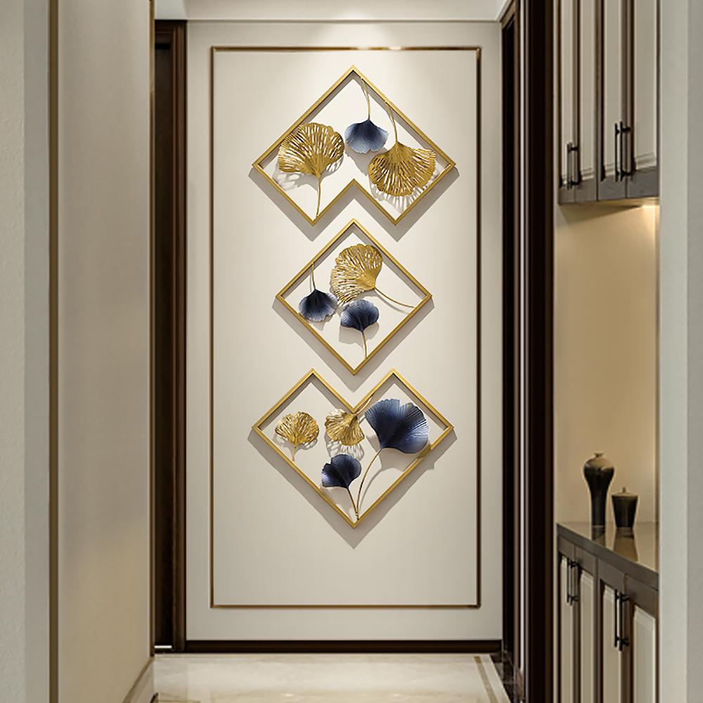 3 Pieces Ginkgo Leaves Wall Decor in Metal with Geometric Frame