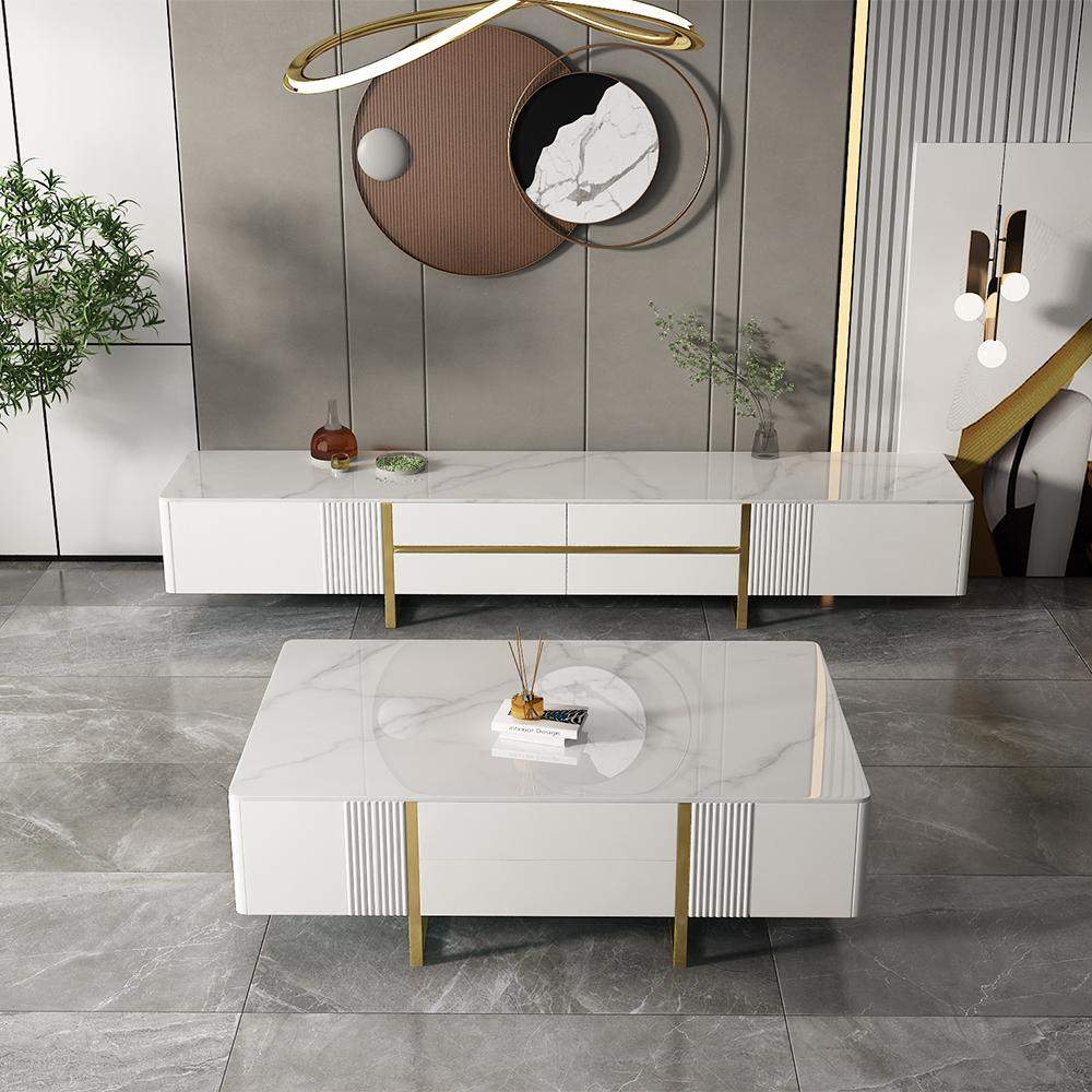 Modern White Rectangular TV Stand with Coffee Table Set of 2-Richsoul-Furniture,Living Room Furniture,Living Room Sets