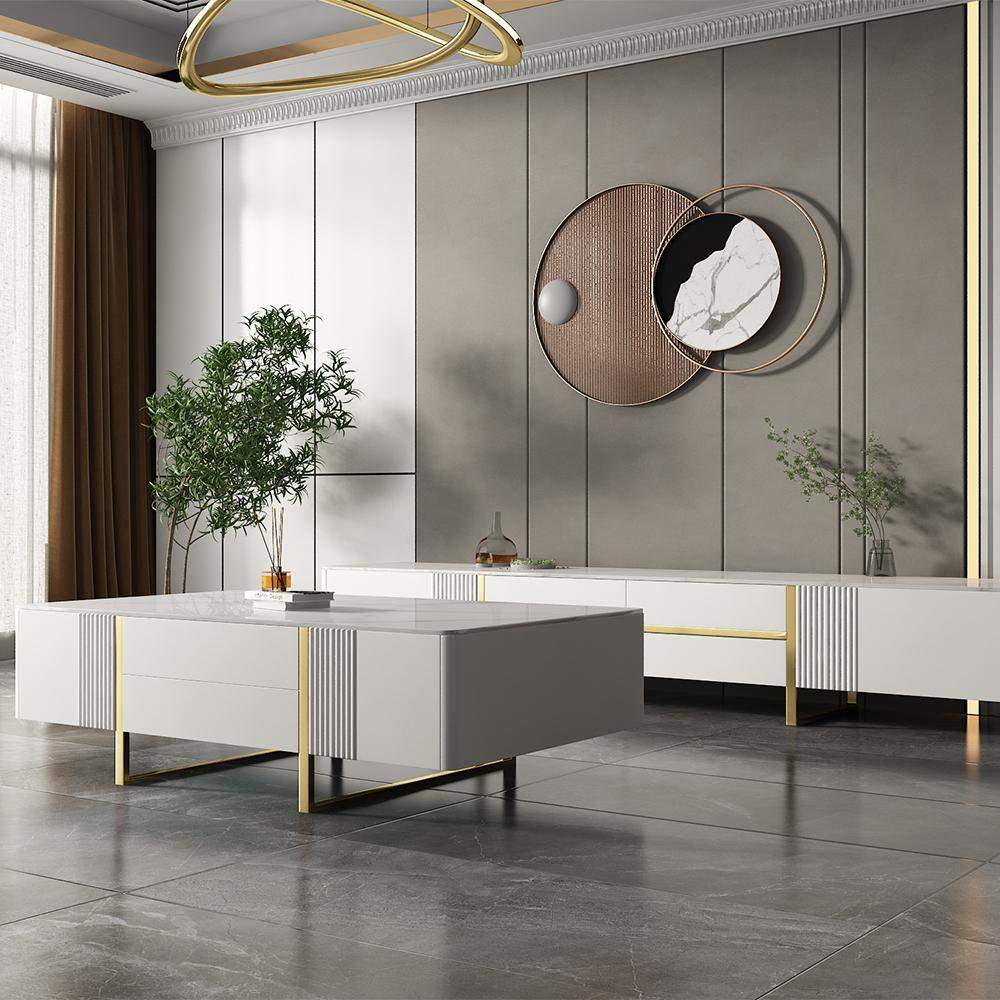 Modern White Rectangular TV Stand with Coffee Table Set of 2-Richsoul-Furniture,Living Room Furniture,Living Room Sets