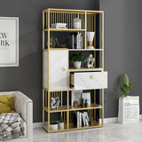 70.9" Modern 5-Tier Geometric Bookshelf with 1 Drawer and 1 Door in White & Gold