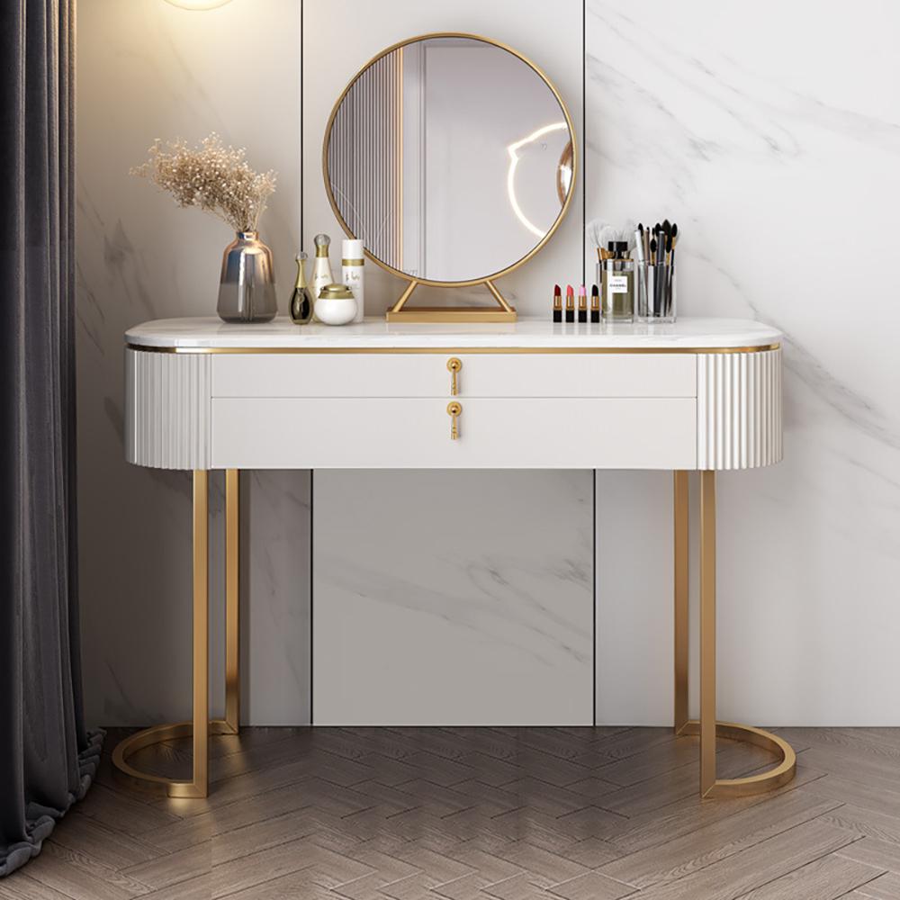 Modern 5-Drawer White Makeup Vanity Table Mirror & Side Cabinet Included