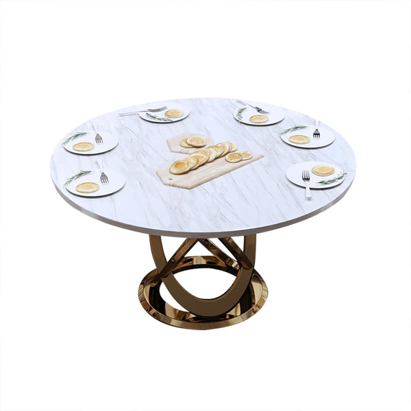 59" Modern White & Gold Round Marble Dining Table with Stainless Steel ...