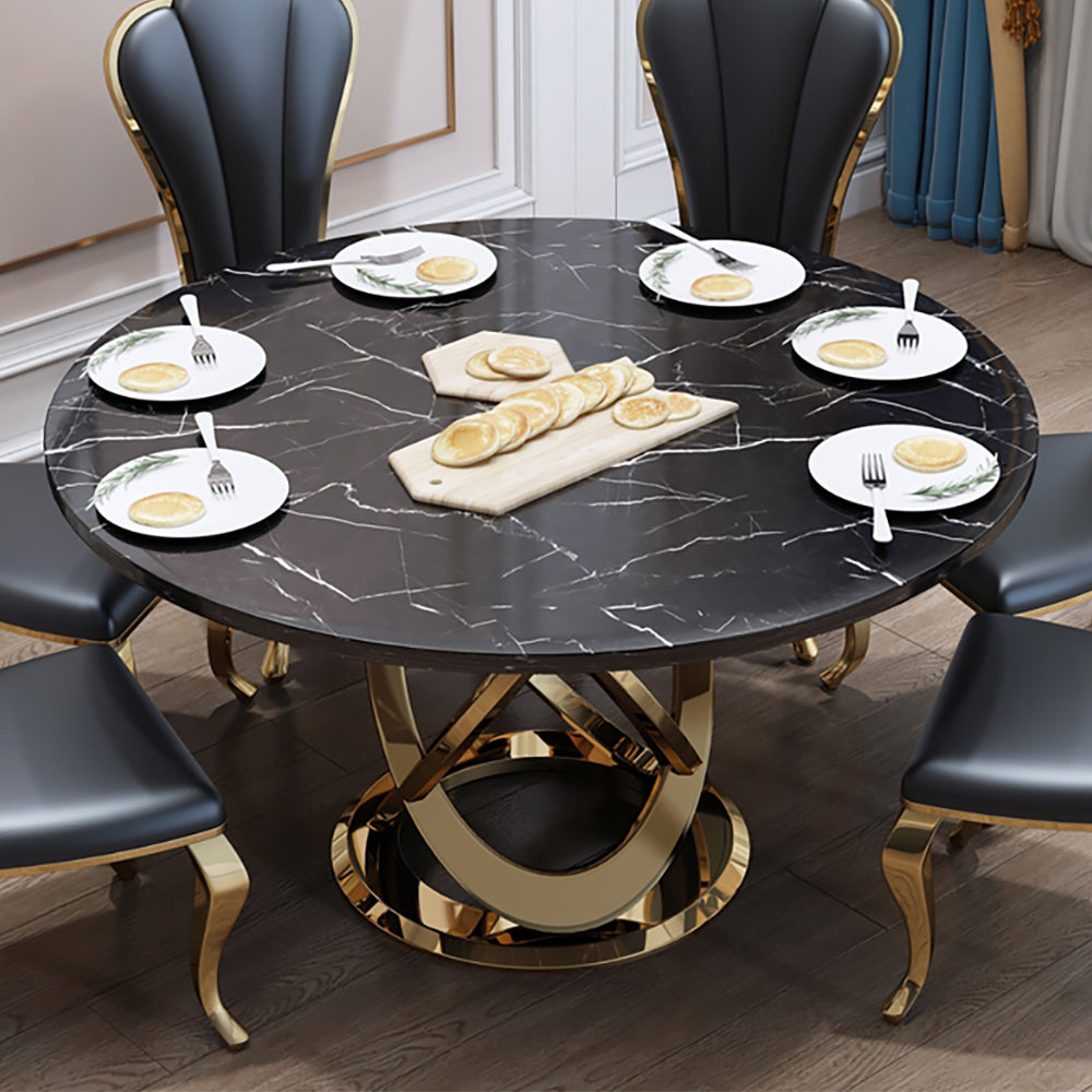 59" Modern White & Gold Round Marble Dining Table with Stainless Steel Pedestal