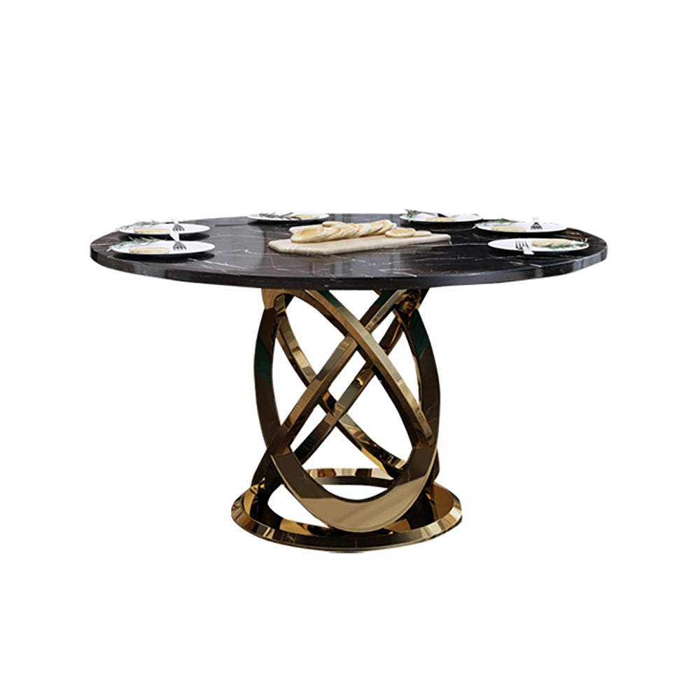 59" Modern White & Gold Round Marble Dining Table with Stainless Steel Pedestal