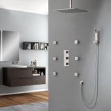 Modern 16 Inches LED Square Ceiling-Mount Rain Shower Head & 6 Body Sprays & Wall Mounted Hand Shower System Brushed Nickel