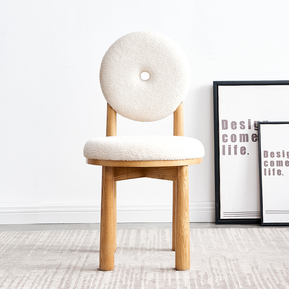 Modern White Boucle Dining Chair Side Chair Natural Wood Legs