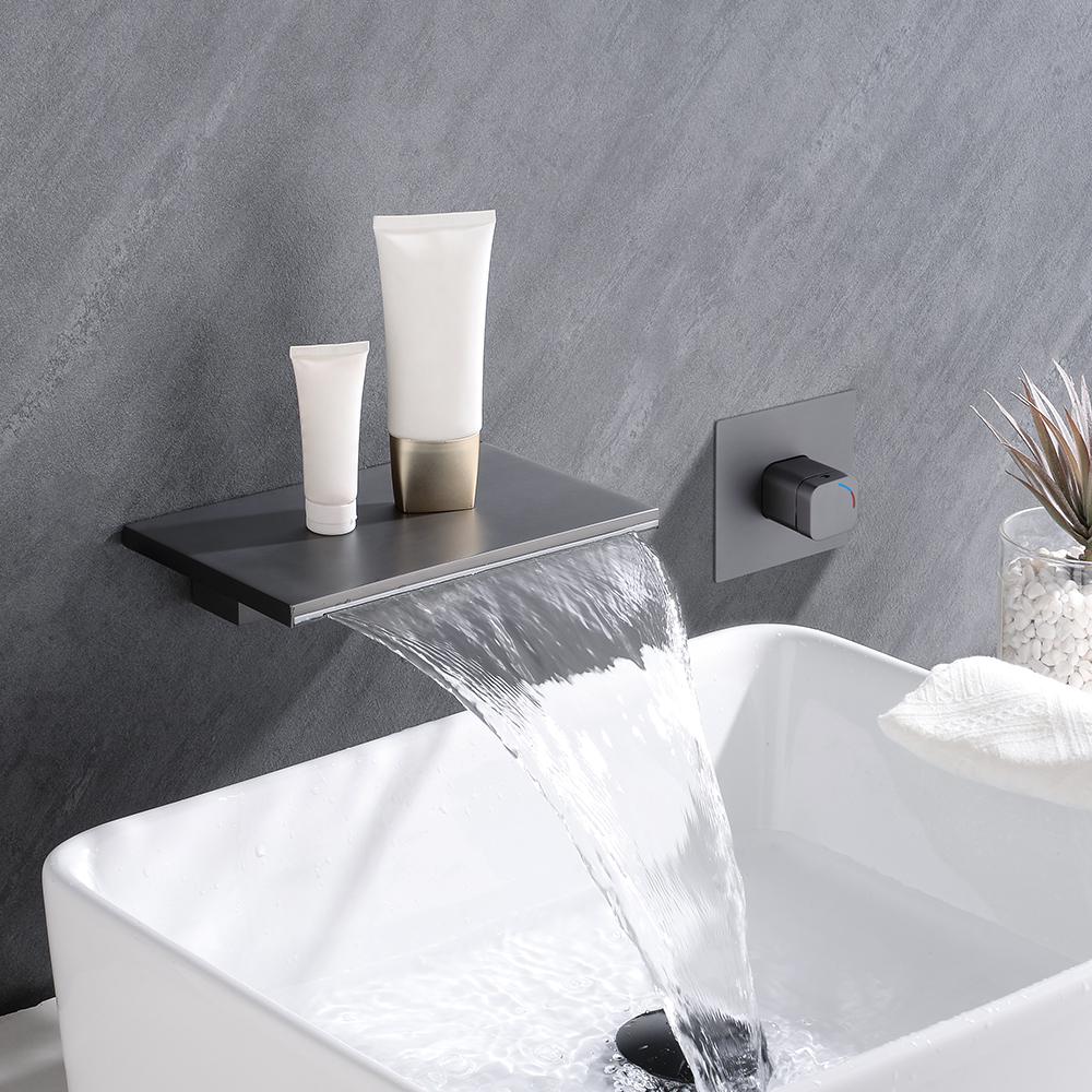 Waterfall Wall Mount Chrome Single Handle Bathroom Sink Faucet Solid Brass