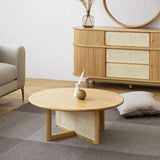 32" Modern Round Pine Wood and Rattan Coffee Table in Natural