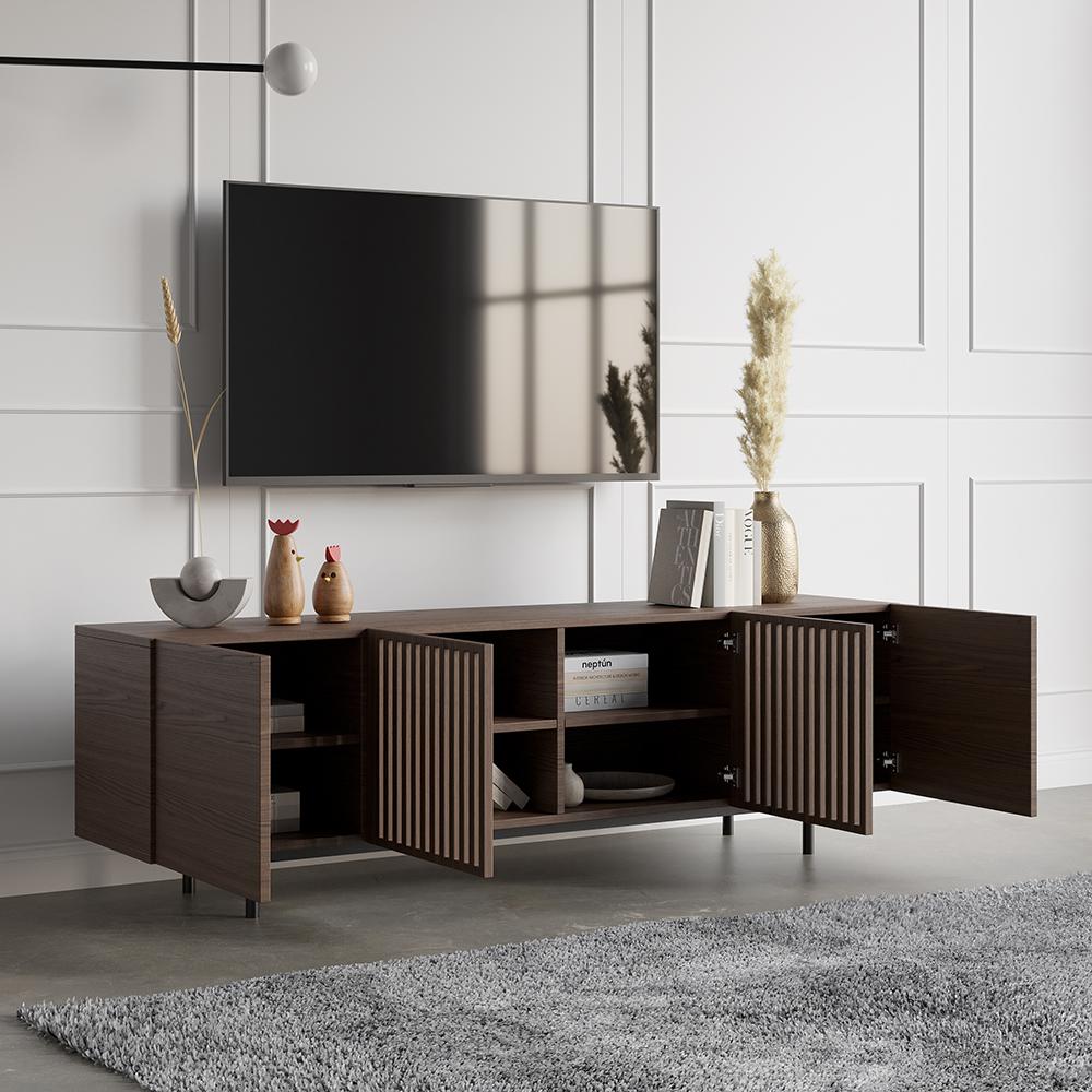 Minimalist Slatted Media Console Wood TV Stand in Walnut with Shelves for TVs Up to 80"
