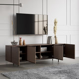 Minimalist Slatted Media Console Wood TV Stand in Walnut with Shelves for TVs Up to 80
