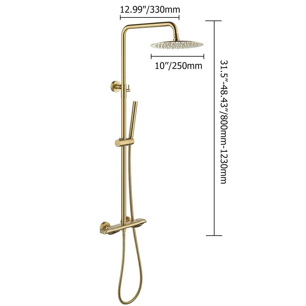 10" Modern Luxury Exposed Shower Fixture Thermostatic Rainfall Shower Head Brushed Gold