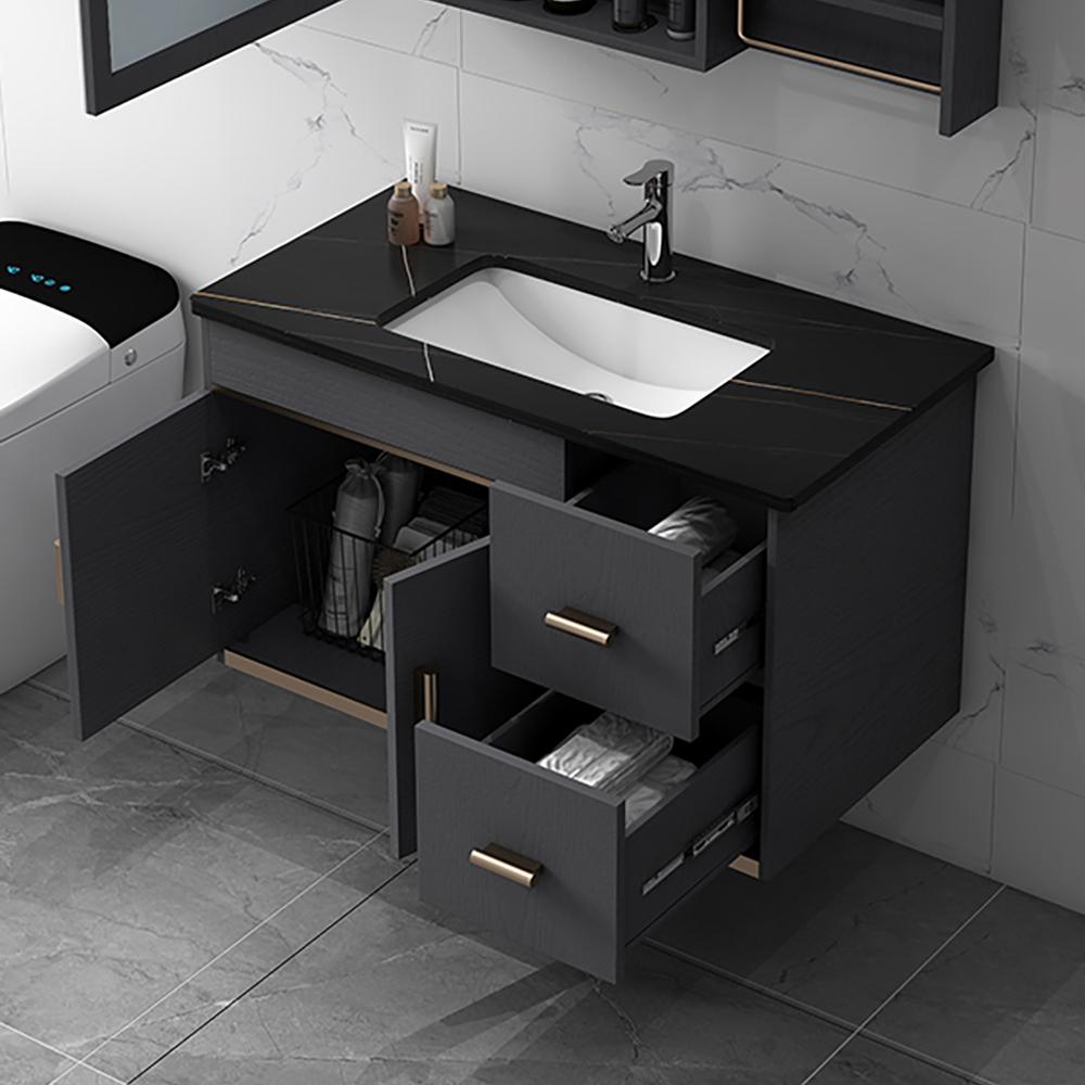24" Floating Wood Bathroom Vanity Set with Black Stone Top & Ceramic Sink