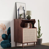 Nordic Nightstand 1-Shelf Wooden Bedside Table with Rattan Woven Door in Natrual