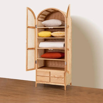 Woven Rattan Wardrobe Closet Cabinet with 2 Doors and 4 Drawers