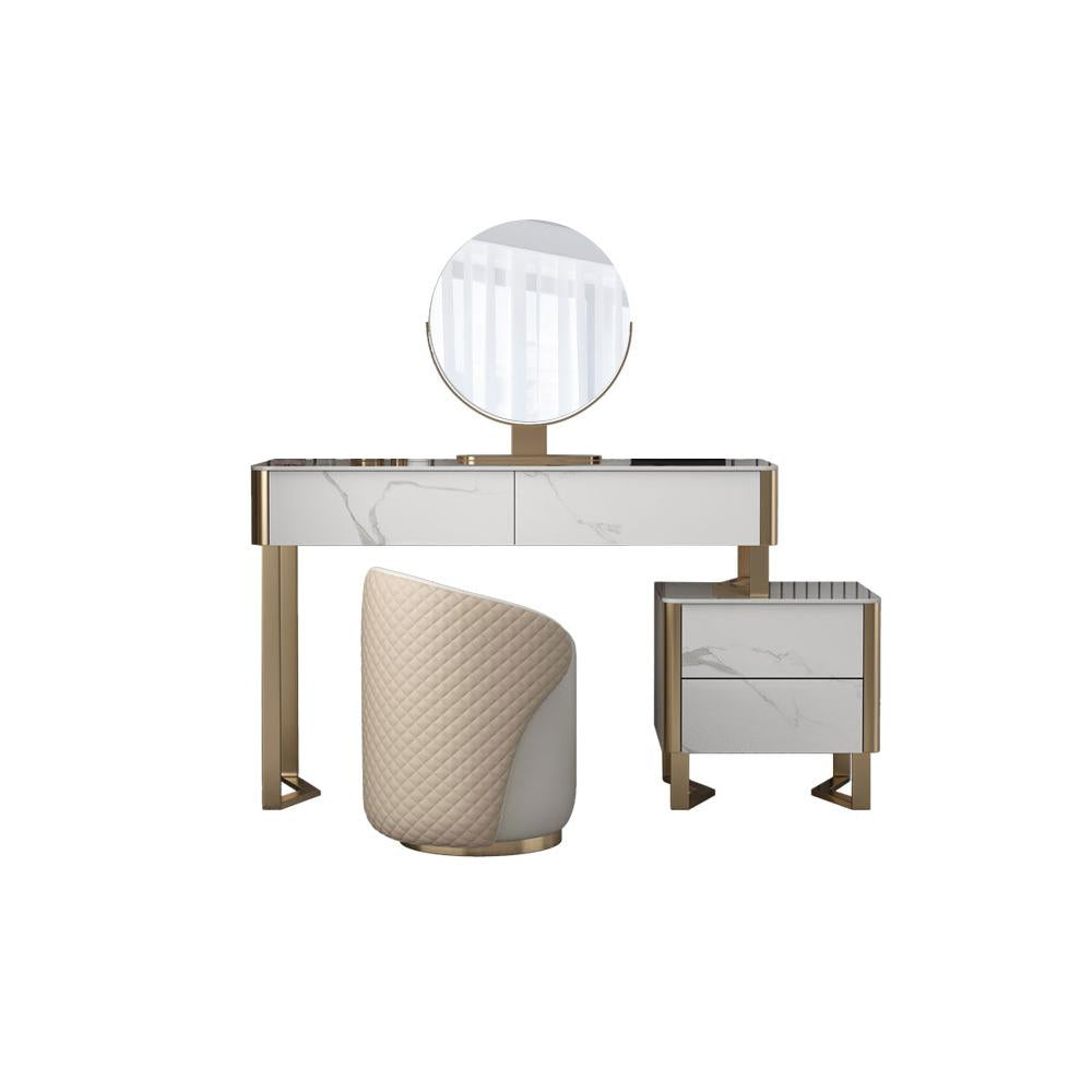 Modern White Makeup Vanity Set with Stone Top & Cabinet Mirror & Stool Included