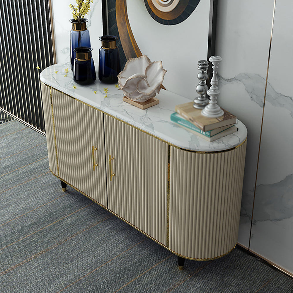 Modern Beige Faux Marble and MDF 2-Door Sideboard Cabinet with Metal Handles