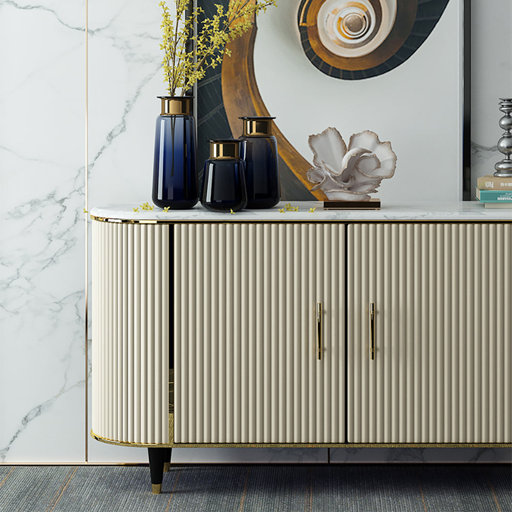 Modern Beige Faux Marble and MDF 2-Door Sideboard Cabinet with Metal Handles