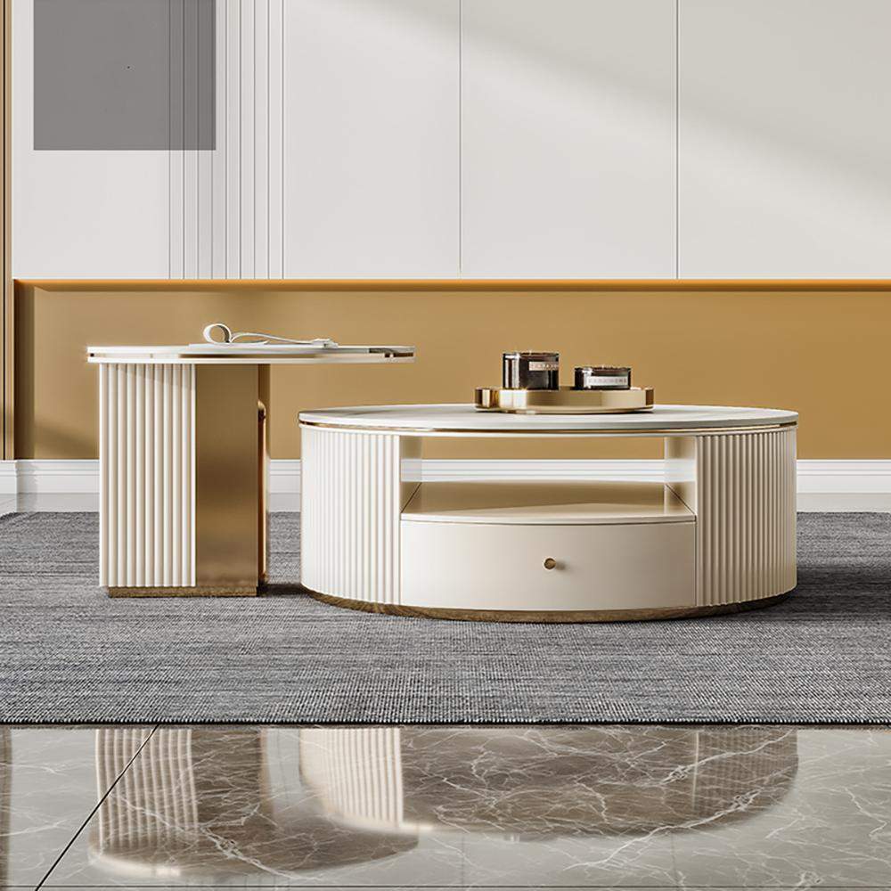 Modern Chic Round Nesting Coffee Table with Storage White Stone Coffee Table Set of 2-Richsoul-Coffee Tables,Furniture,Living Room Furniture
