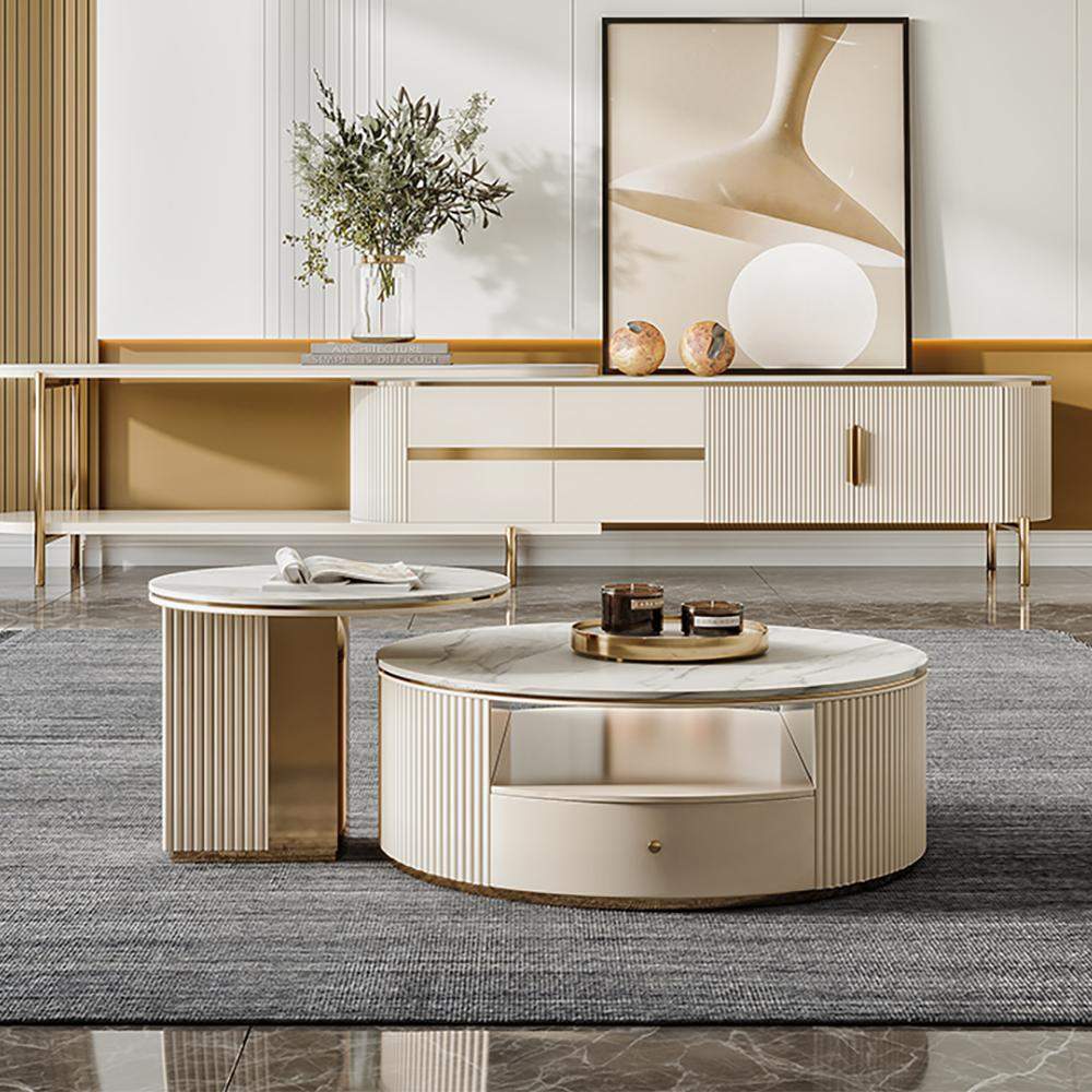 Modern Chic Round Nesting Coffee Table with Storage White Stone Coffee Table Set of 2-Richsoul-Coffee Tables,Furniture,Living Room Furniture