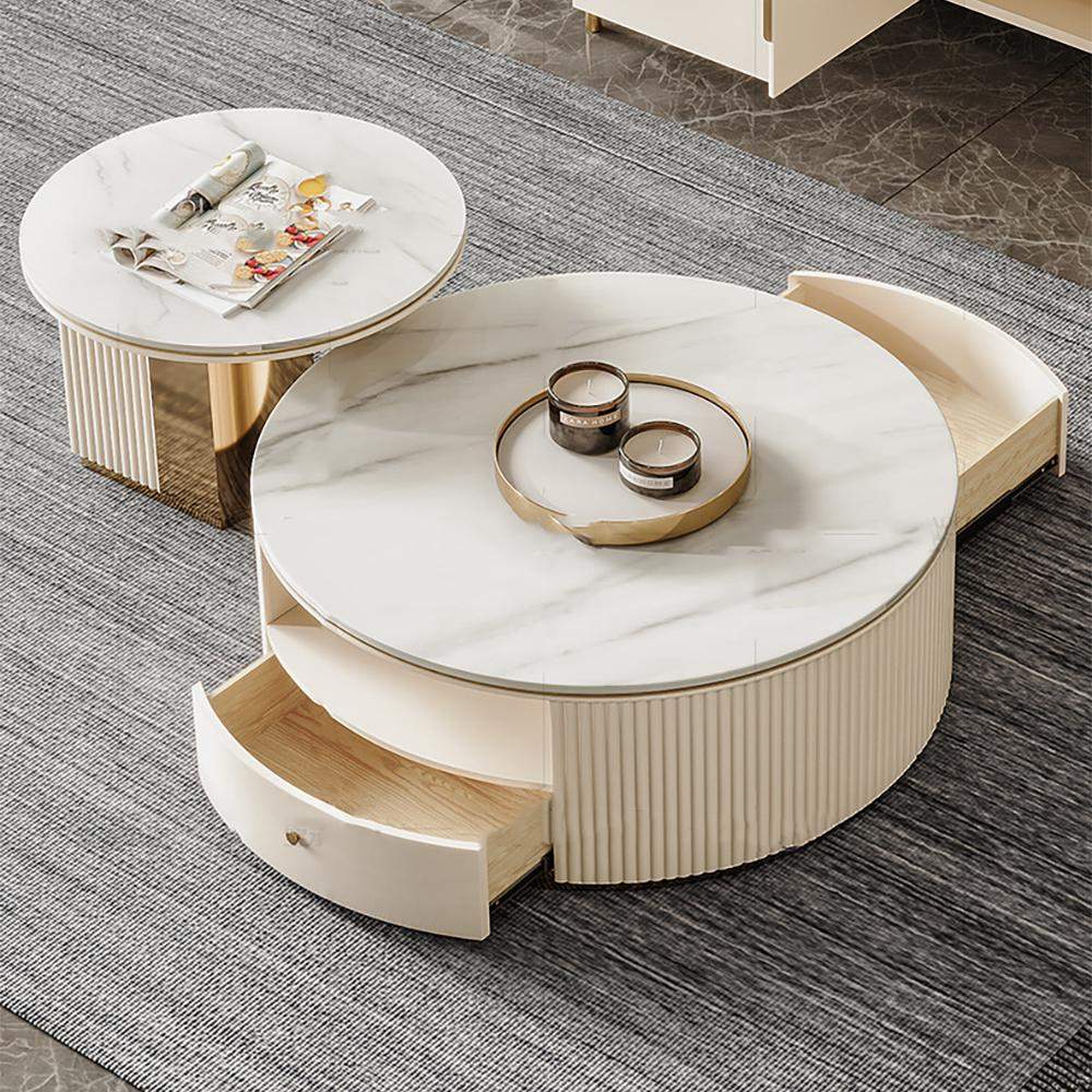 Modern Chic Round Nesting Coffee Table with Storage White Stone Coffee Table Set of 2-Richsoul-Coffee Tables,Furniture,Living Room Furniture