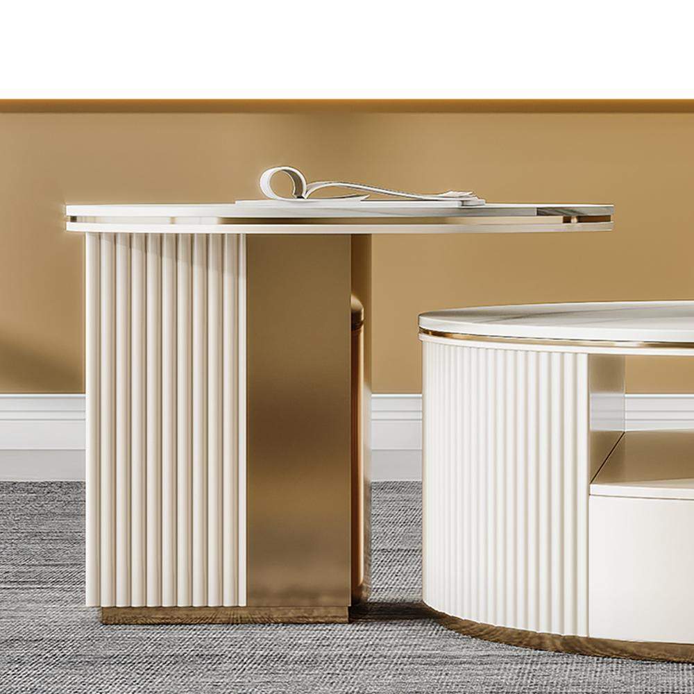 Modern Chic Round Nesting Coffee Table with Storage White Stone Coffee Table Set of 2-Richsoul-Coffee Tables,Furniture,Living Room Furniture