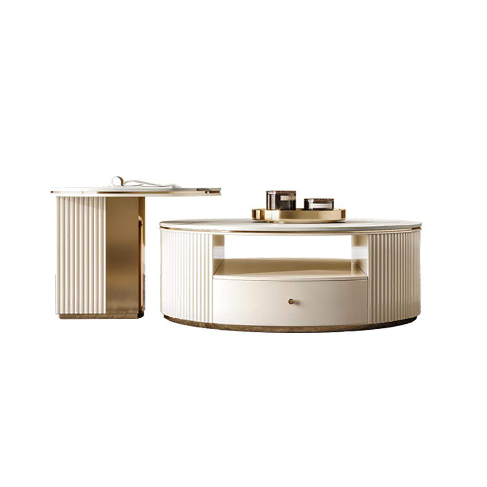 Modern Chic Round Nesting Coffee Table with Storage White Stone Coffee Table Set of 2-Richsoul-Coffee Tables,Furniture,Living Room Furniture