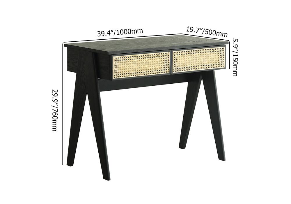 Modern Black Rattan Desk Home Office Desk with Drawers Wooden Writing Desk