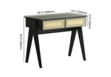 Modern Black Rattan Desk Home Office Desk with Drawers Wooden Writing Desk
